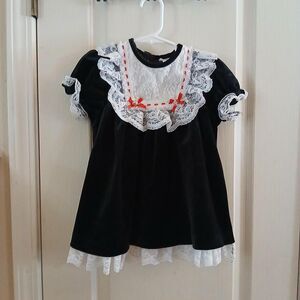 Vintage 90s Roanna Black Velvet White Lace Bib Collar Dress 3T Retro Holidays